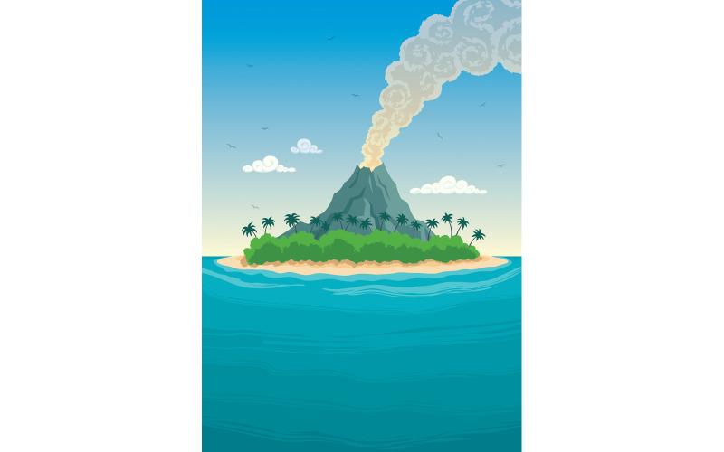 Download Иллюстрация "Tropical Island - Illustration" / Tropical Island - Illustration - Иллюстрация на тему графика island,tropical,exotic,tropical island,small,little,ocean,sea,palm tree,palm,tree,volcano,smoke,bird,cloud,sand,holiday,vacation,beach,seashore