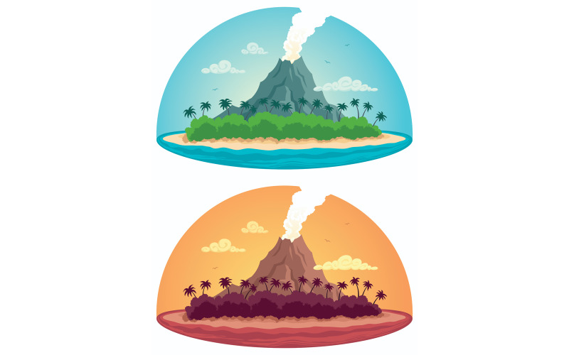 Download Иллюстрация "Tropical Island on White - Illustration" / Tropical Island on White - Illustration - Иллюстрация на тему графика island,tropical,exotic,tropical island,small,little,ocean,sea,palm tree,palm,tree,volcano,smoke,bird,cloud,sand,holiday,vacation,beach,seashore