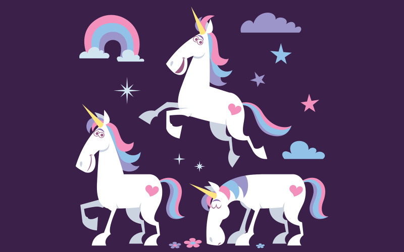 Download Иллюстрация "Unicorn Cartoon Set - Illustration" / Unicorn Cartoon Set - Illustration - Иллюстрация на тему графика unicorn,horn,horned,character,creature,divine,flying,soaring,standing,grazing,eating,feeding,drinking water,mythical,legendary,mythology,fantasy,illustration,vector,cartoon