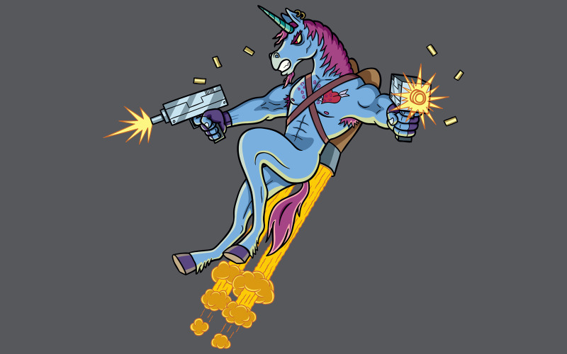 Download Иллюстрация "Unicorn Killer - Illustration" / Unicorn Killer - Illustration - Иллюстрация на тему графика unicorn,stallion,horse,character,action,figure,killer,soldier,warrior,muscular,gun,uzi,pistol,machinegun,horn,horned,hoof,flying,rocket,belt