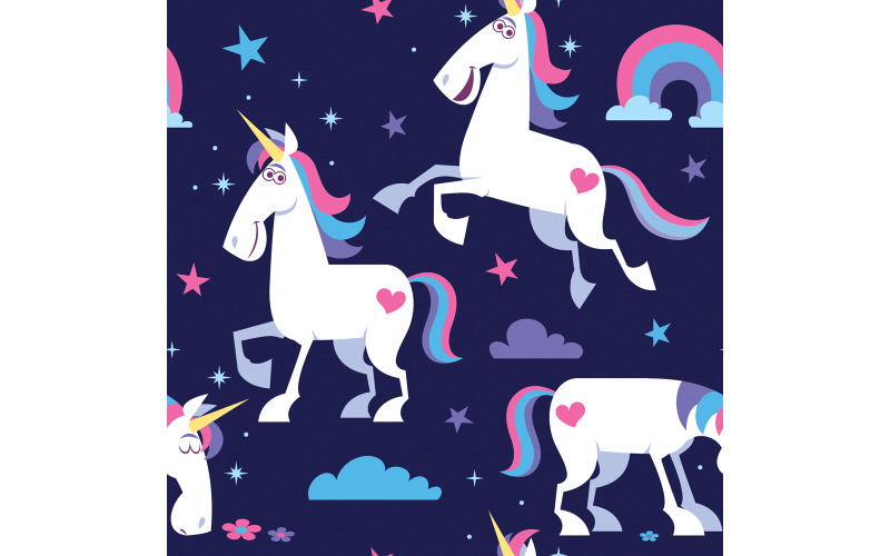 Download Иллюстрация "Unicorn Seamless Pattern - Illustration" / Unicorn Seamless Pattern - Illustration - Иллюстрация на тему графика unicorn,pattern,seamless,tile,tiled,background,wallpaper,cartoon,character,creature,fantasy,divine,cute,flying,soaring,standing,grazing,eating,feeding,drinking water