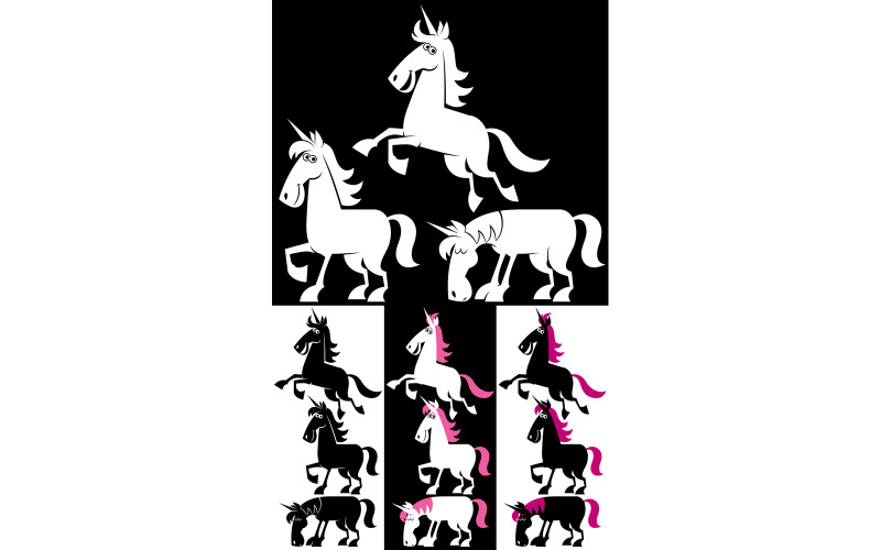 Download Иллюстрация "Unicorn Silhouette Set - Illustration" / Unicorn Silhouette Set - Illustration - Иллюстрация на тему графика unicorn,cartoon,silhouette,character,creature,fantasy,divine,flying,soaring,standing,grazing,eating,feeding,drinking water,mythical,legendary,mythology,star,cloud,rainbow