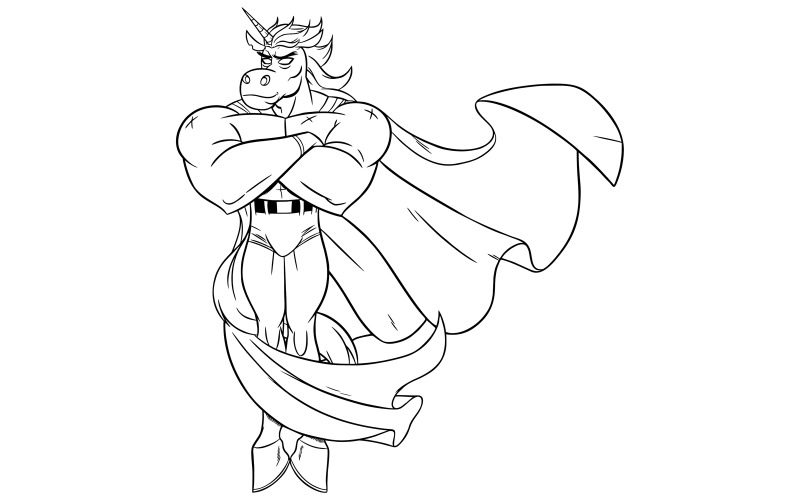 Download Иллюстрация "Unicorn Superhero Line Art - Illustration" / Unicorn Superhero Line Art - Illustration - Иллюстрация на тему графика unicorn,horse,stallion,superhero,super,hero,man,power,coloring,book,page,coloring book,line art,comic book,strength,muscular,body,male,macho,fantasy