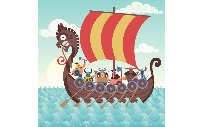 Download Иллюстрация "Viking Ship - Illustration" / Viking Ship - Illustration - Иллюстрация на тему графика viking,nordic,norse,celts,scandinavian,ship,sail,sail ship,boat,sailing,nautical,vessel,warship,battle,war,pirate,warrior,crew,cartoon,sea