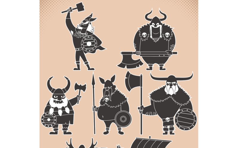 Download Иллюстрация "Viking Silhouettes - Illustration" / Viking Silhouettes - Illustration - Иллюстрация на тему графика viking,silhouette,black,ship,berserker,cartoon,character,warrior,soldier,pirate,barbarian,bully,sailor,medieval,history,nordic,norse,scandinavian,people,man