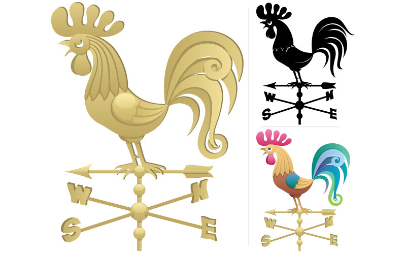 Download Иллюстрация "Weather Vane - Illustration" / Weather Vane - Illustration - Иллюстрация на тему графика weather vane,vane,weathercock,wind,weather,rooster,cock,cockerel,chicken,silhouette,compass,meteorology,climate,direction,metal,metallic,bronze,gold,arrow sign,isolated