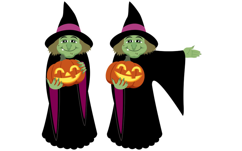 Download Иллюстрация "Witch - Illustration" / Witch - Illustration - Иллюстрация на тему графика witch,sorceress,beldam,halloween,pumpkin,cartoon,happy,cheerful,funny,fun,smiling,presenting,pointing,lantern,old,woman,green,costume,vector,illustration