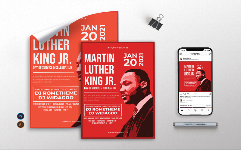 Download Фирменный стиль "Martin Luther King Jr. - Flyer, Poster &amp; Instagram KF" / Martin Luther King Jr. - Flyer, Poster &amp; Instagram KF - Фирменный стиль на тему графика martin,luther,flyer,politic,law,independence,america,corporate,fest,festival,simple,poster,instagram,event,celebrate,invitation,red,orange