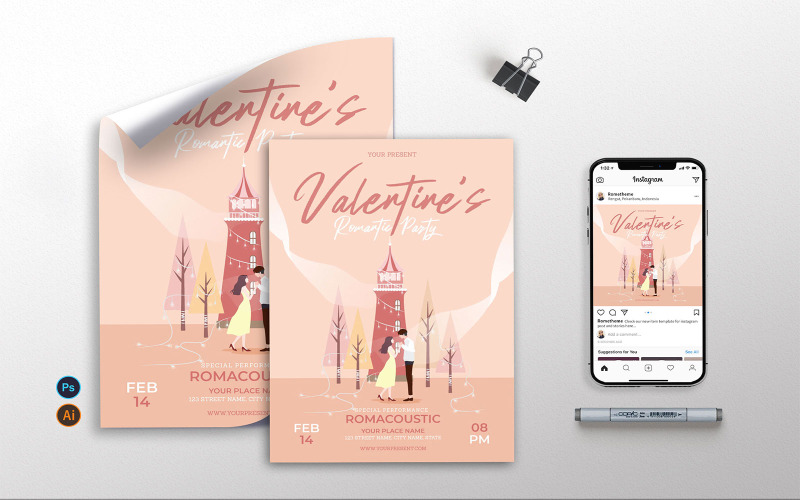 Download Фирменный стиль "Valentine Romantic Party vol.01 - Flyer, Poster &amp; Instagram AS" / Valentine Romantic Party vol.01 - Flyer, Poster &amp; Instagram AS - Фирменный стиль на тему графика day,flyer,template,event,promotion,club,party,couple,romantic,heart,pink,creative,illustration,february
