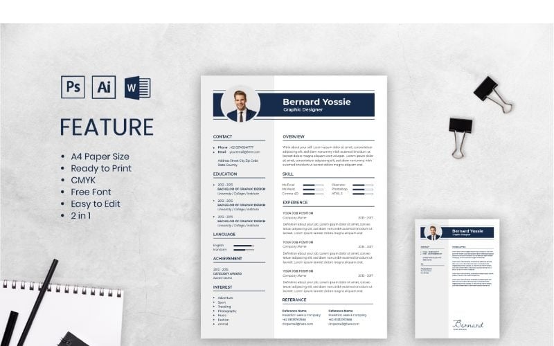 Download Резюме "Cv Resume Bernand Yossie Resume Template" / Cv Resume Bernand Yossie Resume Template - Резюме на тему графика adobe illustrator,applying,companies,curriculum vitae,female,freelance,jobs,personal brand,photoshop,portofolio,profile,resume,self branding,theme,videographer,word,worker