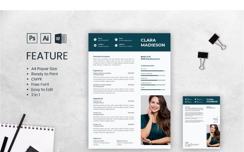 Download Резюме "Cv Resume Clara Madieson Resume Template" / Cv Resume Clara Madieson Resume Template - Резюме на тему графика adobe illustrator,applying,companies,curriculum vitae,female,freelance,jobs,personal brand,photoshop,portofolio,profile,resume,self branding,theme,videographer,word,worker