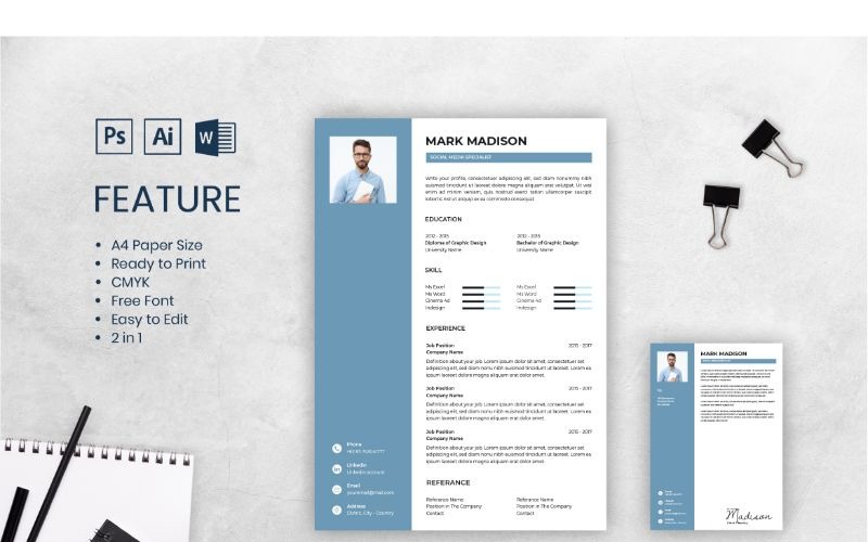 Download Резюме "Cv Resume Mark Madison Resume Template" / Cv Resume Mark Madison Resume Template - Резюме на тему графика adobe illustrator,applying,companies,curriculum vitae,female,freelance,jobs,personal brand,photoshop,portofolio,profile,resume,self branding,theme,videographer,word,worker
