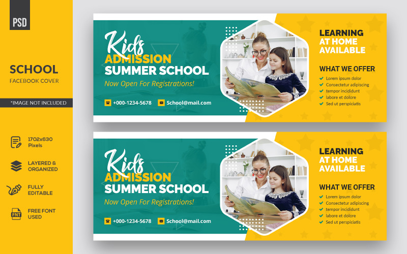 Download Шаблон для соцсетей "Kids Summer School Facebook Cover Design Social Media Template" / Kids Summer School Facebook Cover Design Social Media Template - Шаблон для соцсетей на тему графика template,facebook,cover,banner,page,facebook cover,social media,school,education,back to school,student,children,happy,class,learning,wearing,prevention,group,child,classroom