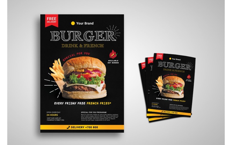 Download Фирменный стиль "Flyer  Burger - Corporate Identity Template" / Flyer  Burger - Corporate Identity Template - Фирменный стиль на тему графика background,banner,brochure,burger,cooking,creative,delivery,dessert,eastern,flyer,flyer design,flyer psd template,food,layout,leaflet,lunch,main,courses,meal,menu
