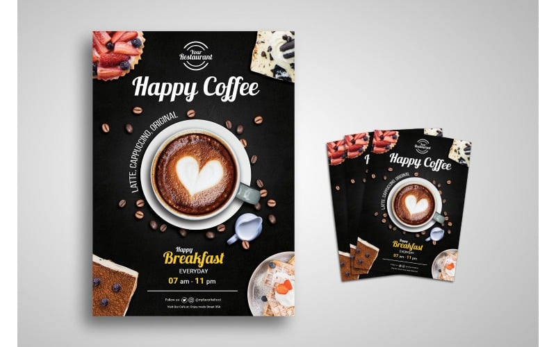 Download Фирменный стиль "Flyer Coffee - Corporate Identity Template" / Flyer Coffee - Corporate Identity Template - Фирменный стиль на тему графика background,beverages,breakfast,cafe,cake,chocolate,coffee,cream,dessert,drinks,eat,flyer,flyer psd template,food,fresh,menu,party,restaurant,snack