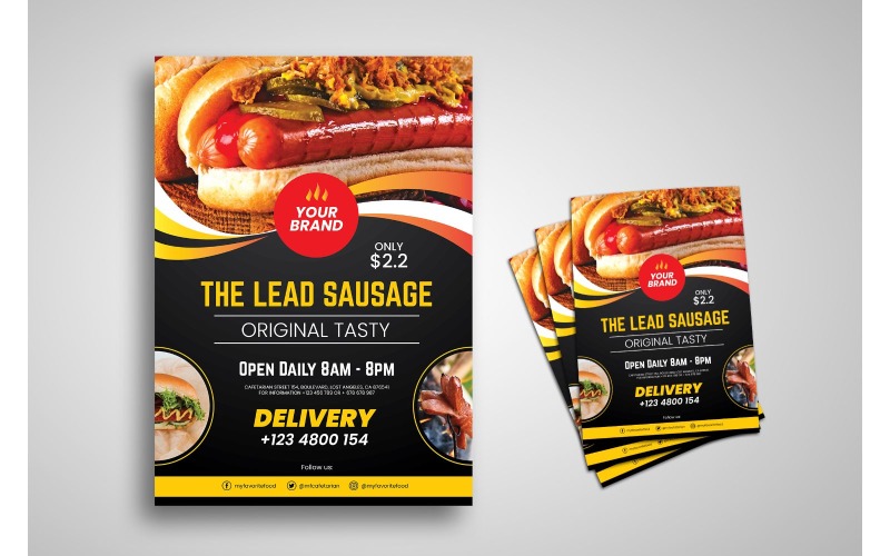Download Фирменный стиль "Flyer  Hotdog - Corporate Identity Template" / Flyer  Hotdog - Corporate Identity Template - Фирменный стиль на тему графика background,banner,brochure,cooking,creative,delivery,dessert,eastern,flyer,flyer design,flyer psd template,food,layout,leaflet,lunch,main,courses,meal,menu,party