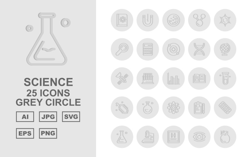 Conjunto de ícones de círculo cinza 25 Premium Science