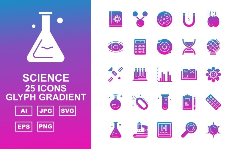 25 Conjunto de ícones de gradiente de glifo científico Premium
