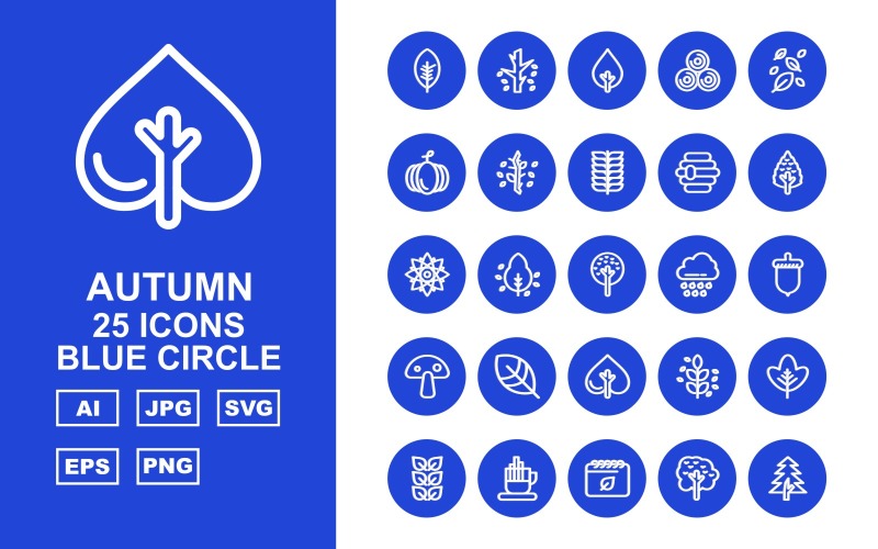 25 Conjunto de iconos de círculo azul de otoño premium