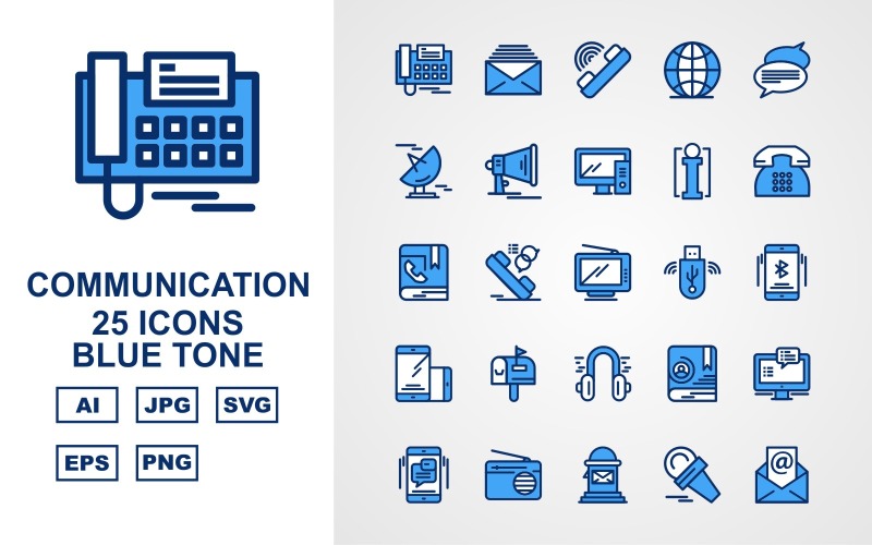 25 Conjunto de iconos de tono azul de comunicación premium
