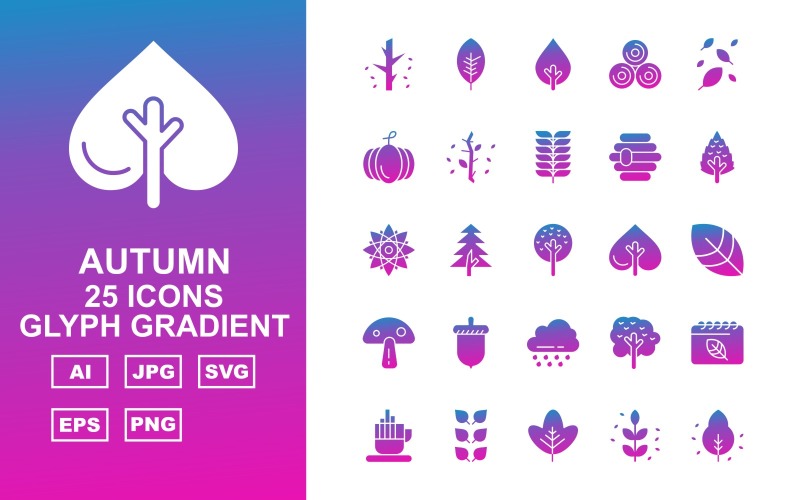 Download Набор иконок "25 Premium Autumn Glyph Gradient Icon Set" / 25 Premium Autumn Glyph Gradient Icon Set - Набор иконок на тему weather leaf,tree,leaves,tea cup,schedule,yard,pine,wood,pumpkin,flower,honeycomb,cloud,nut,mushroom,icon,icons