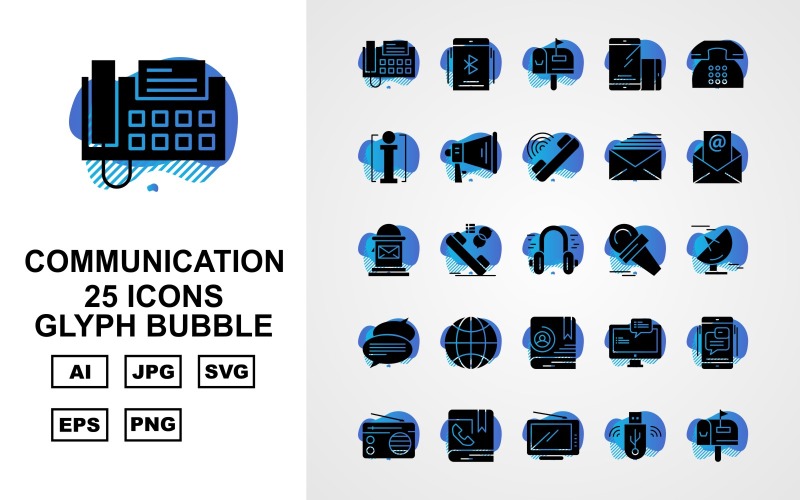 Download Набор иконок "25 Premium Communication Glyph Bubble Icon Pack Set" / 25 Premium Communication Glyph Bubble Icon Pack Set - Набор иконок на тему computer telephone,call chat,contact book,group chat,radio,postbox,microphone,mail,message,call,earth,signal dish,loudspeaker,computer,info,icon,icons