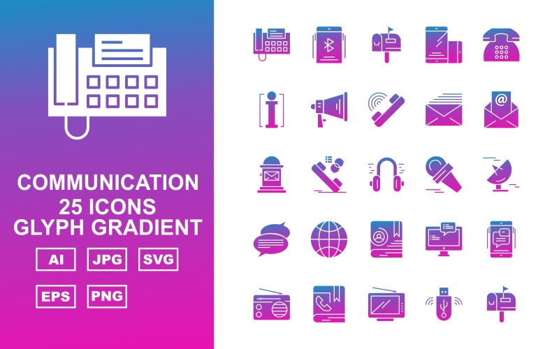 Download Набор иконок "25 Premium Communication Glyph Gradient Icon Set" / 25 Premium Communication Glyph Gradient Icon Set - Набор иконок на тему computer telephone,call chat,contact book,group chat,radio,postbox,microphone,mail,message,call,earth,signal dish,loudspeaker,computer,info,icon,icons