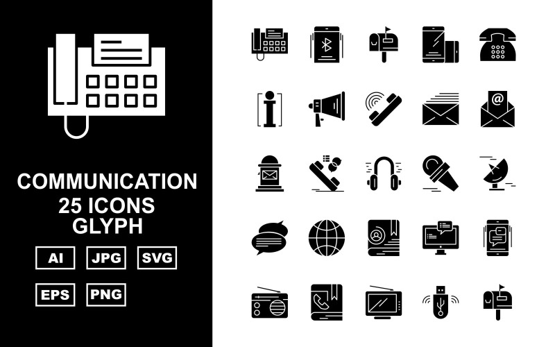 Download Набор иконок "25 Premium Communication Glyph Icon Set" / 25 Premium Communication Glyph Icon Set - Набор иконок на тему computer telephone,call chat,contact book,group chat,radio,postbox,microphone,mail,message,call,earth,signal dish,loudspeaker,computer,info,icon,icons