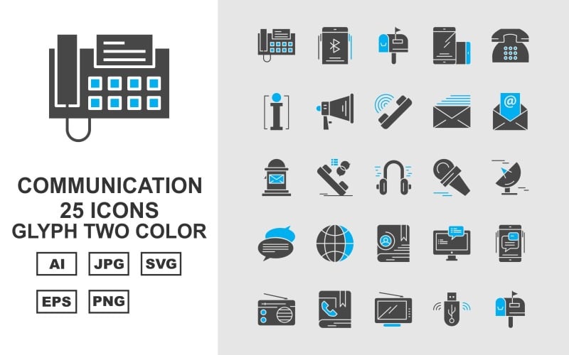 Download Набор иконок "25 Premium Communication Glyph Two Color Icon Set" / 25 Premium Communication Glyph Two Color Icon Set - Набор иконок на тему computer telephone,call chat,contact book,group chat,radio,postbox,microphone,mail,message,call,earth,signal dish,loudspeaker,computer,info,icon,icons
