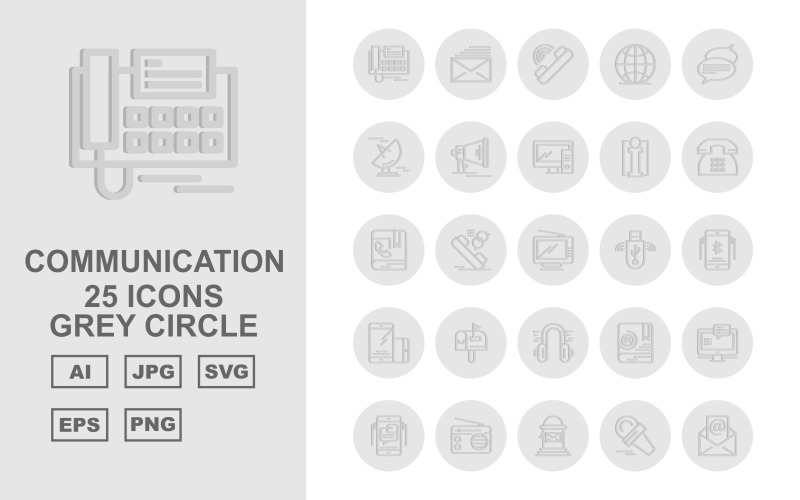Download Набор иконок "25 Premium Communication Grey Circle Icon Set" / 25 Premium Communication Grey Circle Icon Set - Набор иконок на тему computer telephone,call chat,contact book,group chat,radio,postbox,microphone,mail,message,call,earth,signal dish,loudspeaker,computer,info,icon,icons