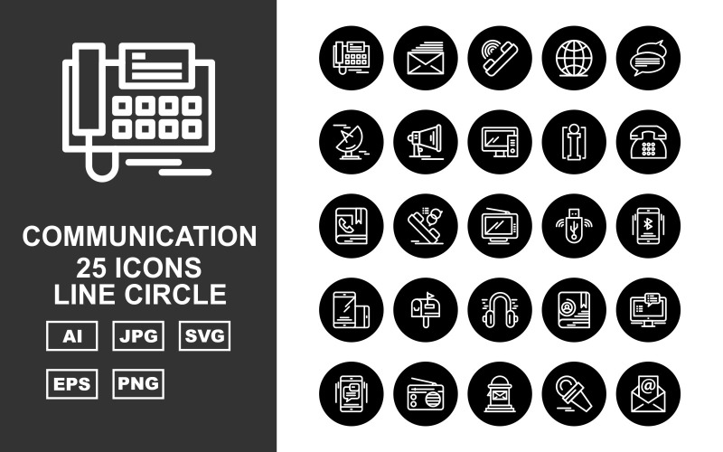 Download Набор иконок "25 Premium Communication Line Circle Icon Set" / 25 Premium Communication Line Circle Icon Set - Набор иконок на тему computer telephone,call chat,contact book,group chat,radio,postbox,microphone,mail,message,call,earth,signal dish,loudspeaker,computer,info,icon,icons