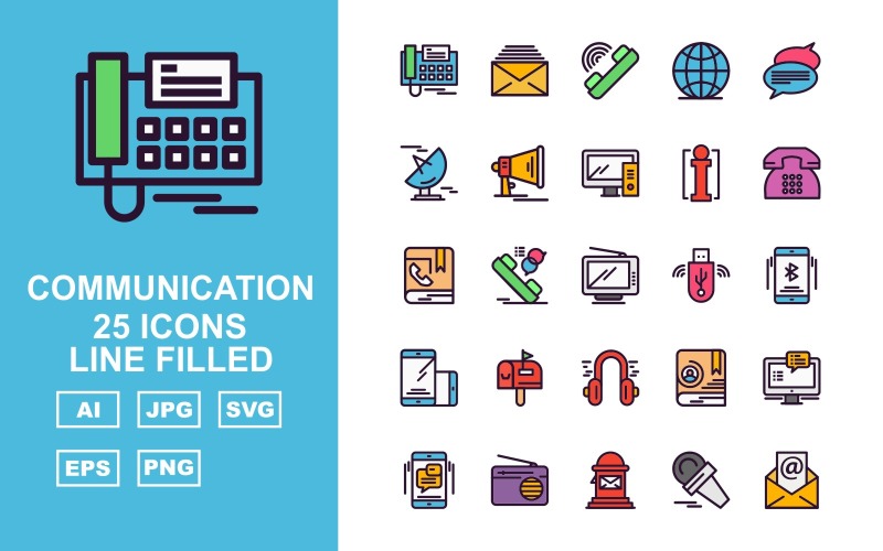 Download Набор иконок "25 Premium Communication Line Filled Icon Set" / 25 Premium Communication Line Filled Icon Set - Набор иконок на тему computer telephone,call chat,contact book,group chat,radio,postbox,microphone,mail,message,call,earth,signal dish,loudspeaker,computer,info,icon,icons