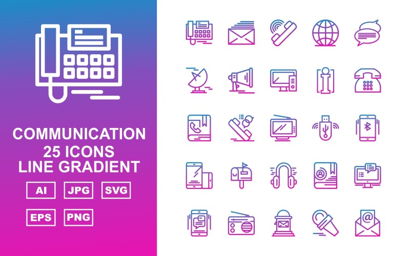 Download Набор иконок "25 Premium Communication Line Gradient Icon Set" / 25 Premium Communication Line Gradient Icon Set - Набор иконок на тему computer telephone,call chat,contact book,group chat,radio,postbox,microphone,mail,message,call,earth,signal dish,loudspeaker,computer,info,icon,icons