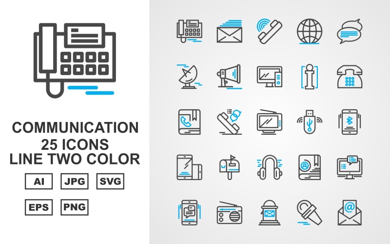 Download Набор иконок "25 Premium Communication Line Two Color Icon Set" / 25 Premium Communication Line Two Color Icon Set - Набор иконок на тему computer telephone,call chat,contact book,group chat,radio,postbox,microphone,mail,message,call,earth,signal dish,loudspeaker,computer,info,icon,icons