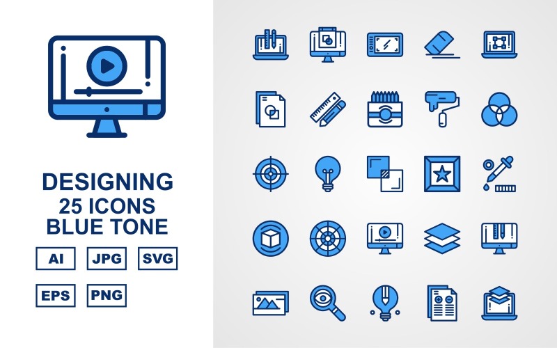 Download Набор иконок "25 Premium Designing Blue Tone Icon Set" / 25 Premium Designing Blue Tone Icon Set - Набор иконок на тему data laptop,bulb,layer,lcd,gallery,search,report,mobile tablet,eraser,file,pencil ruler,color box,color tool,circle,aim,full screen,star,coloring tool,box,focus