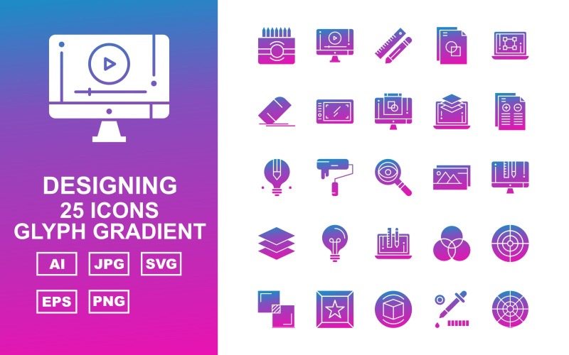 Download Набор иконок "25 Premium Designing Glyph Gradient Icon Set" / 25 Premium Designing Glyph Gradient Icon Set - Набор иконок на тему data laptop,bulb,layer,lcd,gallery,search,report,mobile tablet,eraser,file,pencil ruler,color box,color tool,circle,aim,full screen,star,coloring tool,box,focus