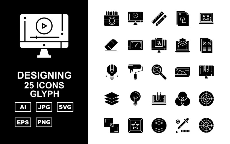 Download Набор иконок "25 Premium Designing Glyph Icon Set" / 25 Premium Designing Glyph Icon Set - Набор иконок на тему data laptop,bulb,layer,lcd,gallery,search,report,mobile tablet,eraser,file,pencil ruler,color box,color tool,circle,aim,full screen,star,coloring tool,box,focus