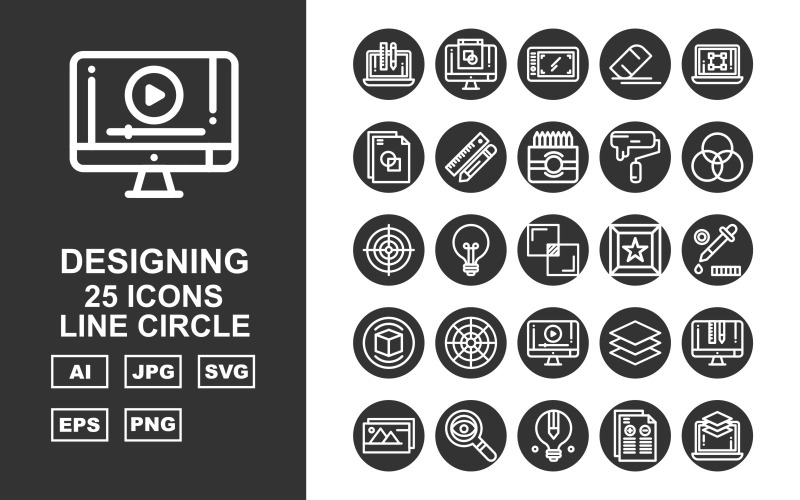 Download Набор иконок "25 Premium Designing Line Circle Icon Set" / 25 Premium Designing Line Circle Icon Set - Набор иконок на тему data laptop,bulb,layer,lcd,gallery,search,report,mobile tablet,eraser,file,pencil ruler,color box,color tool,circle,aim,full screen,star,coloring tool,box,focus