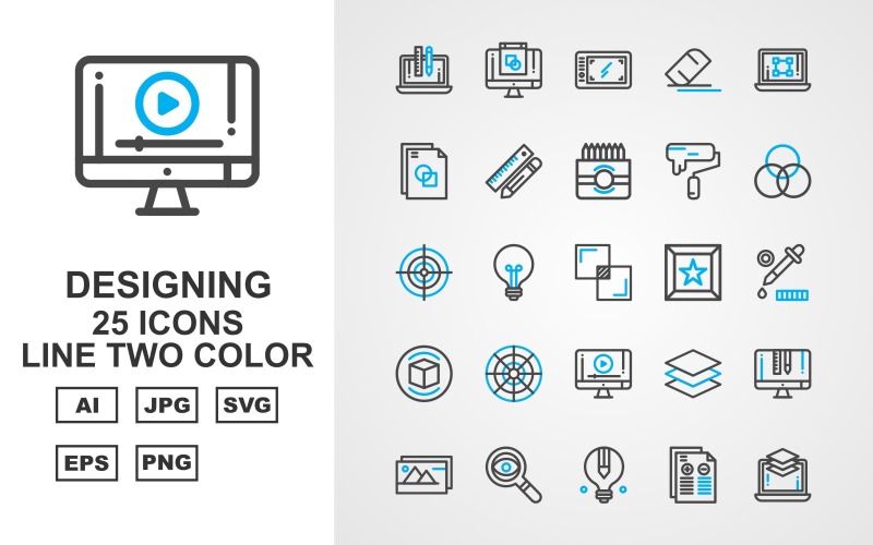 Download Набор иконок "25 Premium Designing Line Two Color Icon Set" / 25 Premium Designing Line Two Color Icon Set - Набор иконок на тему data laptop,bulb,layer,lcd,gallery,search,report,mobile tablet,eraser,file,pencil ruler,color box,color tool,circle,aim,full screen,star,coloring tool,box,focus