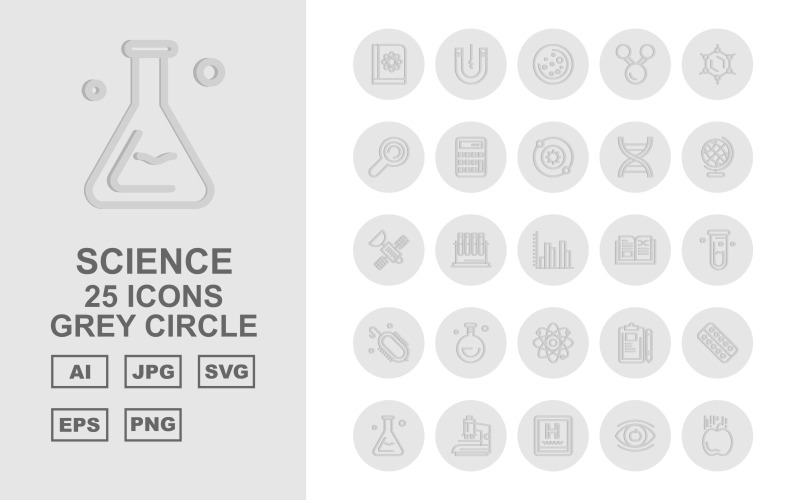 Download Набор иконок "25 Premium Science Grey Circle Icon Set" / 25 Premium Science Grey Circle Icon Set - Набор иконок на тему medical book,test tube,pad,medicine tablet,microscope,hospital,eye,apple,magnet,space,link,atom,find,calculator,dna,earth,satellite,graphic,electricity,icon