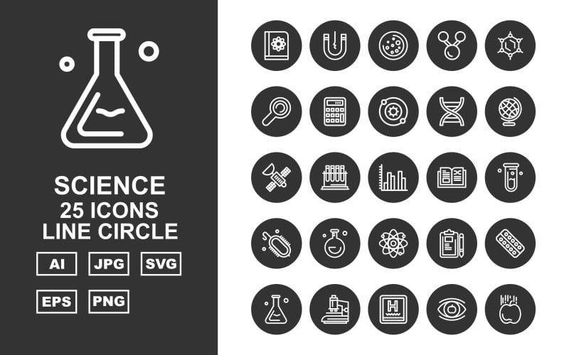 Download Набор иконок "25 Premium Science Line Circle Icon Set" / 25 Premium Science Line Circle Icon Set - Набор иконок на тему medical book,test tube,pad,medicine tablet,microscope,hospital,eye,apple,magnet,space,link,atom,find,calculator,dna,earth,satellite,graphic,electricity,icon