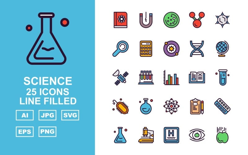 Download Набор иконок "25 Premium Science Line Filled Icon Set" / 25 Premium Science Line Filled Icon Set - Набор иконок на тему medical book,test tube,pad,medicine tablet,microscope,hospital,eye,apple,magnet,space,link,atom,find,calculator,dna,earth,satellite,graphic,electricity,icon