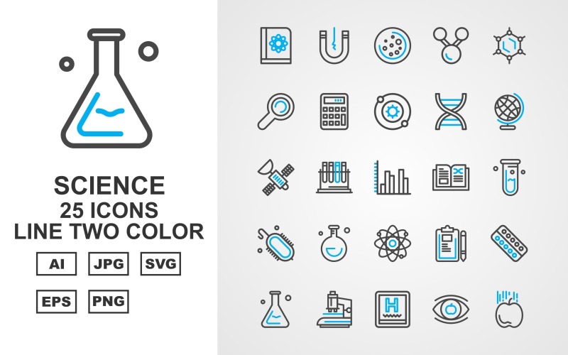 Download Набор иконок "25 Premium Science Line Two Color Icon Set" / 25 Premium Science Line Two Color Icon Set - Набор иконок на тему medical book,test tube,pad,medicine tablet,microscope,hospital,eye,apple,magnet,space,link,atom,find,calculator,dna,earth,satellite,graphic,electricity,icon