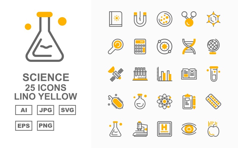 Download Набор иконок "25 Premium Science Lino Yellow Icon Set" / 25 Premium Science Lino Yellow Icon Set - Набор иконок на тему medical book,test tube,pad,medicine tablet,microscope,hospital,eye,apple,magnet,space,link,atom,find,calculator,dna,earth,satellite,graphic,electricity,icon