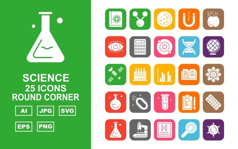 Download Набор иконок "25 Premium Science Round Corner Icon Set" / 25 Premium Science Round Corner Icon Set - Набор иконок на тему medical book,test tube,pad,medicine tablet,microscope,hospital,eye,apple,magnet,space,link,atom,find,calculator,dna,earth,satellite,graphic,electricity,icon