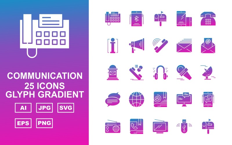 25 Zestaw ikon gradientu glifów komunikacyjnych premium
