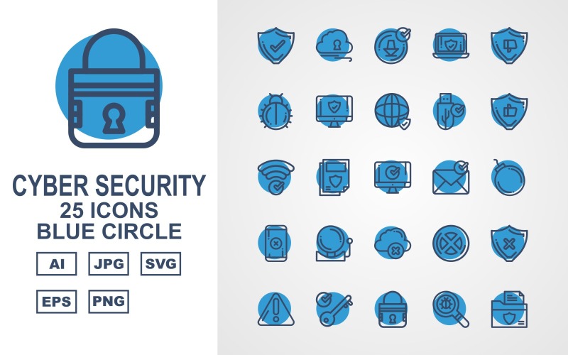 Набор из 25 значков синего круга премиум-класса для кибербезопасности
