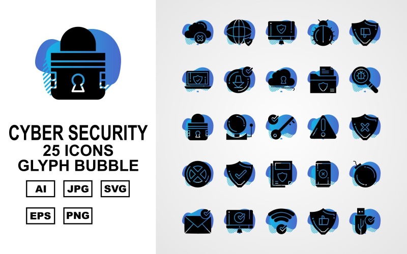 Download Набор иконок "25 Premium Cyber Security Glyph Bubble Icon Set" / 25 Premium Cyber Security Glyph Bubble Icon Set - Набор иконок на тему security accept,book,fan,shield,alert,key,lock,find,folder,cloud,download,laptop,dislike,bug,lcd,world,usb,like,wifi,message