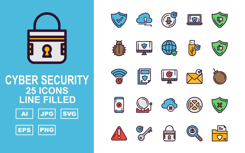 Download Набор иконок "25 Premium Cyber Security Line Filled Icon Set" / 25 Premium Cyber Security Line Filled Icon Set - Набор иконок на тему security accept,book,fan,shield,alert,key,lock,find,folder,cloud,download,laptop,dislike,bug,lcd,world,usb,like,wifi,message