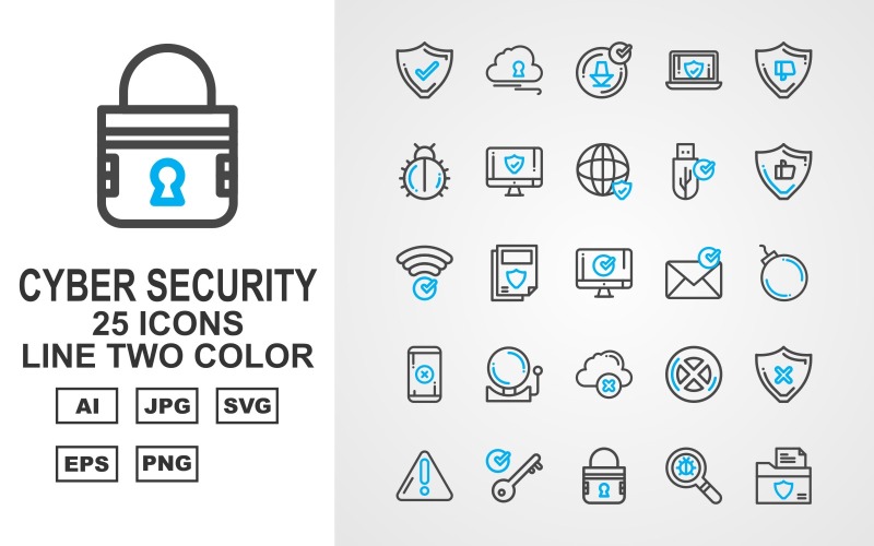 Download Набор иконок "25 Premium Cyber Security Line Two Color Icon Set" / 25 Premium Cyber Security Line Two Color Icon Set - Набор иконок на тему security accept,book,fan,shield,alert,key,lock,find,folder,cloud,download,laptop,dislike,bug,lcd,world,usb,like,wifi,message